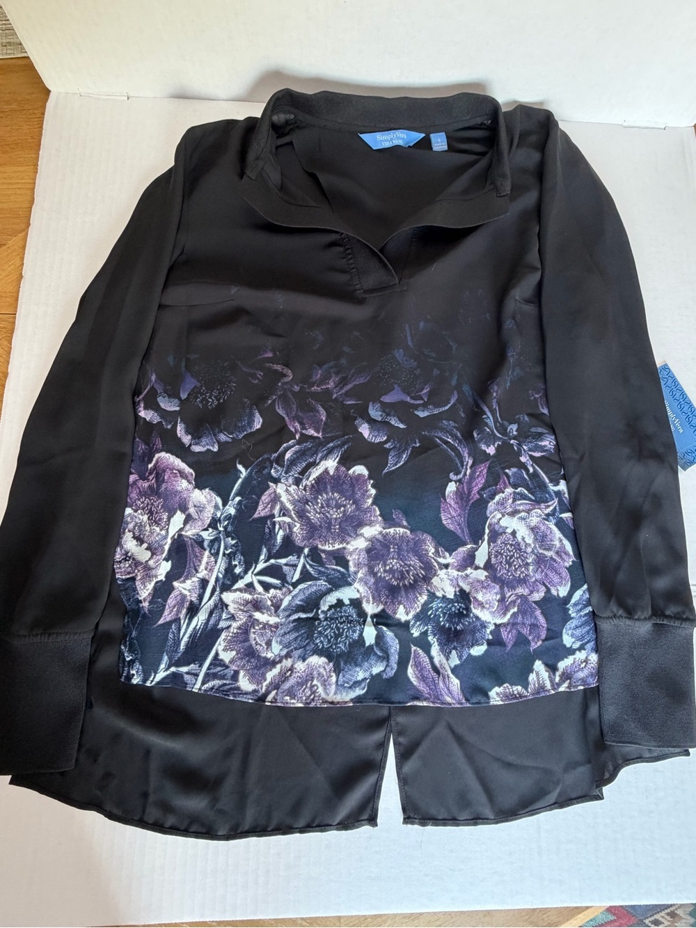 Simply Vera Vera Wang Black Blouse with Purple Floral Panel - Women